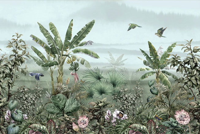 Papel pintado vinilo paisaje selva flores y aves